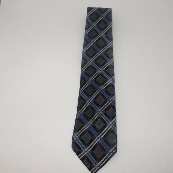 Michael Kors Classic Men's Tie Gray Black Blue Windowpane Argyle Stripe - Picture 3 of 6